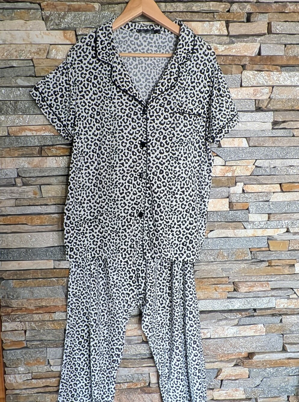 Leopard Print Short Sleeve Pajama Set - Black & White, Size XL
